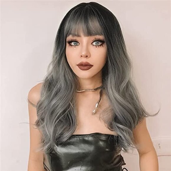 🆕 Stunning Long Dark Gray Ombre Wig Synthetic Lace Wig Full Bangs SEXY NWT👀😘 - Picture 3 of 8